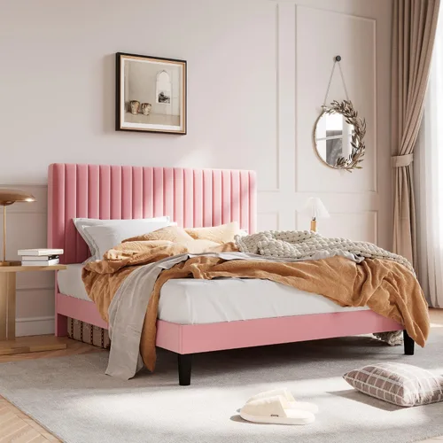 Miniatura 3 de SHA CERLIN - Base de cama tamaño Queen tapizada con cabecera ajustable; diseño acolchado en terciopelo con canales verticales; soporte de listones