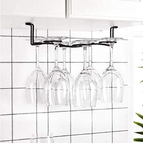 Soporte para copas de vino para debajo del gabinete, bronce aceitado para 6 tazas, estilo vintage, acero inoxidable, montado en la pared, colgador
