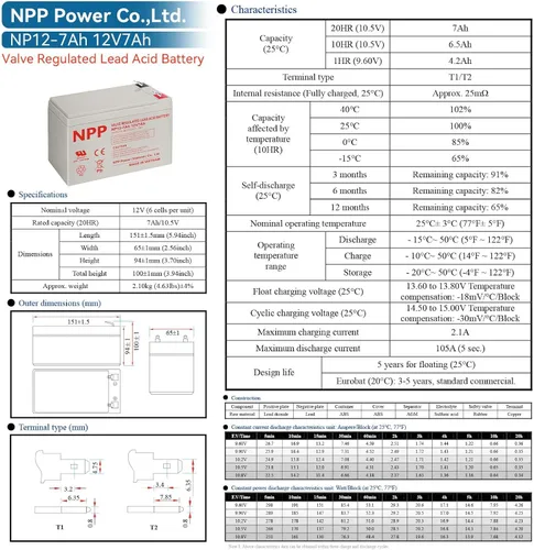 Miniatura 8 de NPP 7 Ah 12 V, batería AGM recargable, terminal 6FM7 F1 12 voltios, baterías UPS pequeñas de reemplazo para UB1270, sistemas de alarma, luces
