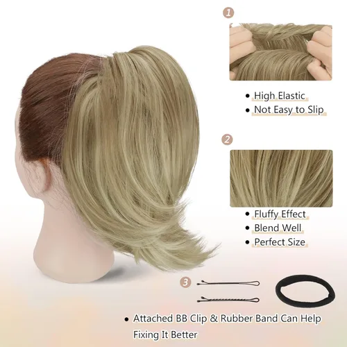Miniatura 3 de BARSDAR Extensiones de Moño de Cabello Liso - Extensiones de Moño de Cola de Caballo Rubia de Cabello Liso Corto para Mujeres, Coleteros de Moño