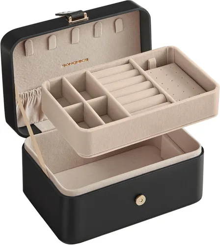 Miniatura 48 de SONGMICS Caja organizadora de joyas, estuche de viaje de 2 capas para aretes, collares, pulseras, almacenamiento portátil de joyas con gran Verde