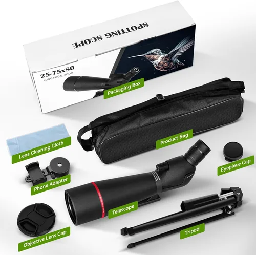 Miniatura 7 de 25–75x80 HD Spotting Scope for Bird Watching & Target Shooting, BAK4 Prism Angled Spotter Scope with Tripod & iPhone Adapter, Waterproof Fogproof