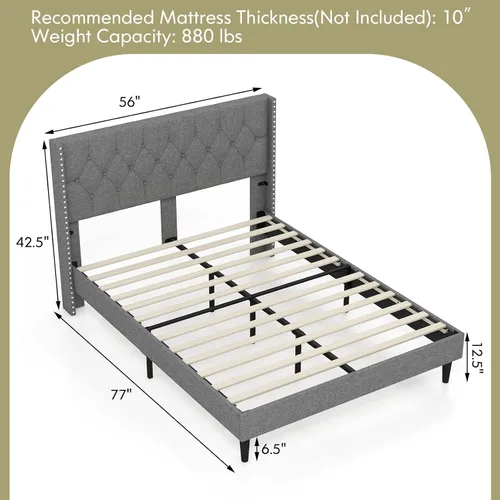 Miniatura 2 de Giantex Base de cama tapizada de tela de lino de tamaño matrimonial, marco de cama moderno con cabecera capitoné con botones, base de colchón