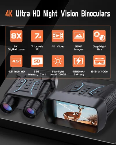 Miniatura 2 de Gafas de visión nocturna, prismáticos de visión nocturna 4K para adultos, pantalla HD de 4.5 pulgadas, tarjeta de 32 GB, zoom 8X para fotos