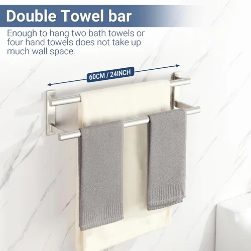 Miniatura 4 de SAYAYO Barra doble de toallas para baño, toallero de baño de 24 pulgadas de níquel cepillado, soporte de toalla montado en la pared, acero