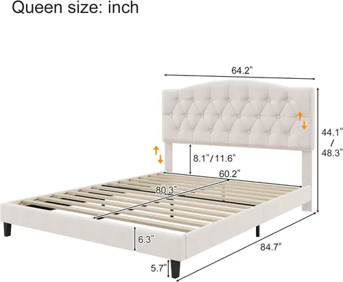 Miniatura 2 de Merax Cama de plataforma tapizada de lino tamaño Queen con cabecera curvada ajustable, acolchado de diamante, listones de madera, soporte de metal