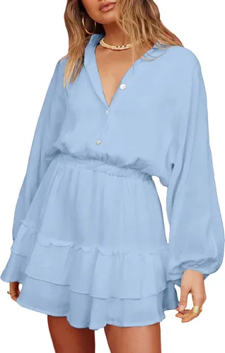 Miniatura 4 de OPOIPIN Minivestido de manga larga con cuello en V y volantes en capas para mujer