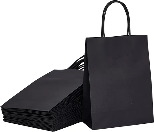 SUNCOLOR Paquete de 24 bolsas pequeñas de regalo negras de 9 pulgadas con asas para bolsas de regalo de fiesta de Halloween