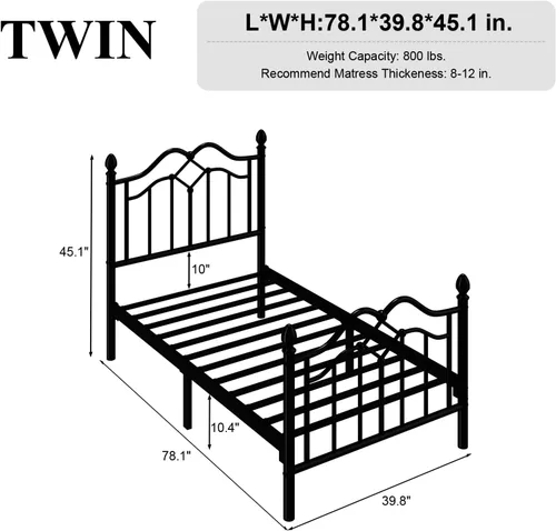Miniatura 2 de LoVinson Base de cama individual con cabecero y estribo, marco de cama de plataforma de metal moderno para niños, soporta hasta 800 libras, no Negro