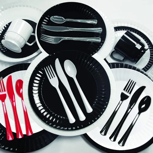 Miniatura 3 de Party Essentials Cubiertos combinados de plástico de lujo extra resistentes, color negro, 192 piezas (64 cuchillos, 64 tenedores, 64 cucharas)