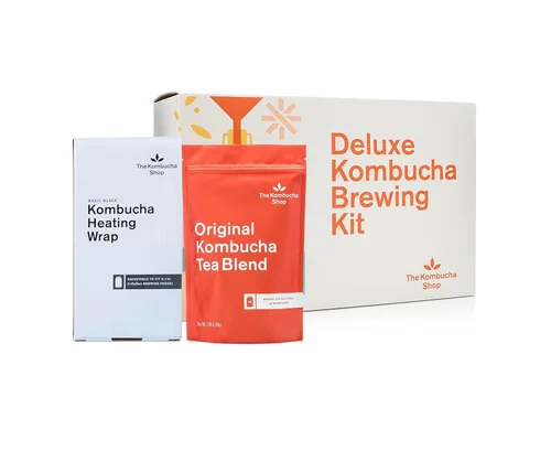 The Kombucha Shop, Kit de preparación de Kombucha de lujo con té para hacer 10 galones adicionales, seis botellas con tapa abatible, embudo de acero