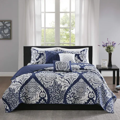 Madison Park Vienna - Edredón reversible de algodón, diseño de costuras de lujo para todas las estaciones, colcha transpirable, fundas de almohada,