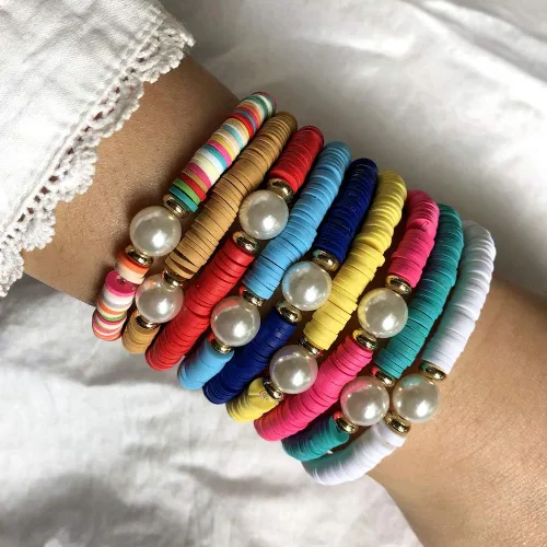 Miniatura 2 de The Woo's Bohemio Polímero Arcilla Pulsera de Discos Pulsera hecha a mano con cuentas ajustables, cuerda elástica y cuentas multicolores, pulsera