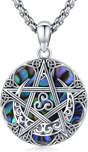 Collar de pentagrama de plata de ley con triple luna, diosa celta, nudo celta, nudo de brujas, Ankh, sol y luna, Hécate, lilith, Santa Muerte,