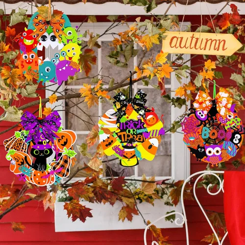 Miniatura 9 de Winlyn 12 juegos de manualidades de Halloween, decoraciones de corona de otoño con calabaza, monstruo, maíz caramelo, araña, murciélago, calcomanías