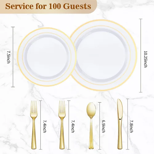 Miniatura 4 de BESTVIP Juego de 600 platos de plástico dorados (para 100 invitados), platos de plástico para fiesta, boda, cumpleaños, juego de vajilla desechable