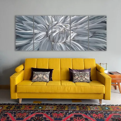 Miniatura 4 de Yihui Arts Arte de pared de flores de metal plateado, 5 piezas de arte de aluminio, escultura botánica contemporánea para sala de estar, dormitorio