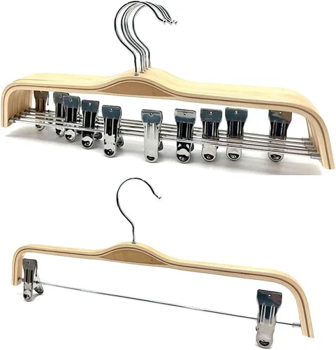 Paquete de 30 perchas de madera natural de 14.5 pulgadas para pantalones, exhibición de ropa, faldas de madera, ganchos inferiores de metal