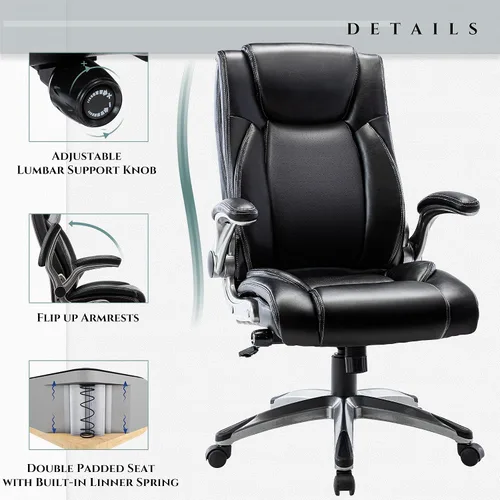 Miniatura 4 de MALOL Silla ergonómica de oficina ejecutiva con cuero grueso adherido, reposabrazos abatibles, respaldo alto, altura ajustable e inclinación