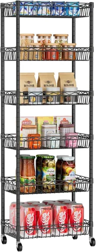 Golpart Estantería de Alambre de 6 Niveles con Cestas, Estantes de Almacenamiento Ajustables, Estante Grande con Cestas para Garaje, Cocina, Negro