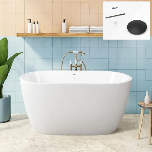 Miniatura 27 de FerdY 59" Bañera de acrílico independiente Bali Elite, bañera independiente de inmersión con forma elegante, certificada cUPC, desagüe negro Toe-Tap