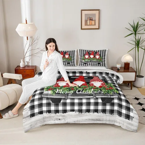 Miniatura 16 de Juego de edredón de Feliz Navidad para niños, tamaño twin, juego de ropa de cama de camión rojo árboles de pino copos de nieve, decoración