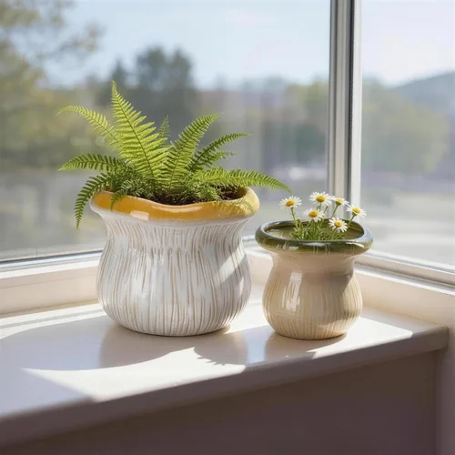 Miniatura 4 de Paquete de 2 macetas de cerámica con orificio de drenaje, macetas texturizadas de dos tonos para plantas de interior y exterior, pequeñas macetas