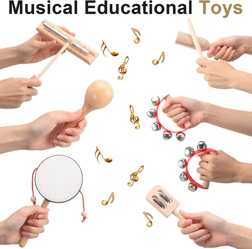 Miniatura 5 de Chumia Juego de instrumentos musicales para niños pequeños, 13 piezas, instrumentos de percusión de madera Montessori con tambor preescolar