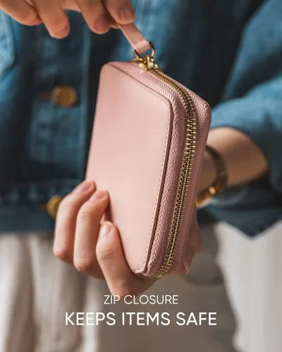 Miniatura 4 de Cartera de piel para mujer, con bloqueo RFID, plegable, delgada, para tarjetas de crédito, con bolsillo con cremallera, Rosado, Classic