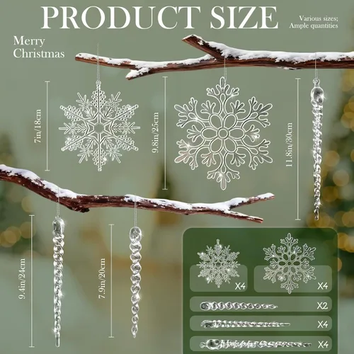 Miniatura 3 de 18 piezas de adornos grandes para árbol de Navidad, adornos de cristal, copo de nieve de carámbano transparente de acrílico para árbol de Navidad