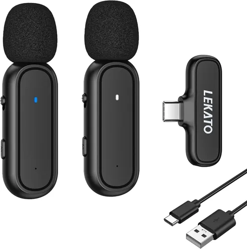 Miniatura 7 de LEKATO Micrófono Lavalier inalámbrico para teléfono Android con USB-C, paquete de 2 micrófonos inalámbricos con estuche de carga, micrófono