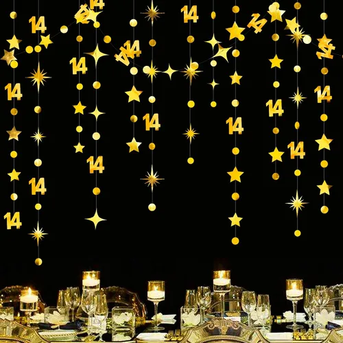 Miniatura 9 de Decoración de cumpleaños número 14, color negro, con número 14, guirnalda de estrellas con puntos circulares, metálica, para colgar banderines