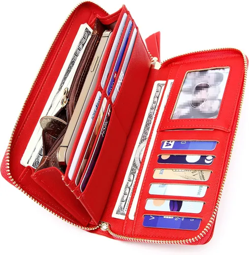 Miniatura 3 de GEEAD Billeteras para mujer de gran capacidad de piel sintética para tarjetas de crédito, Rojo