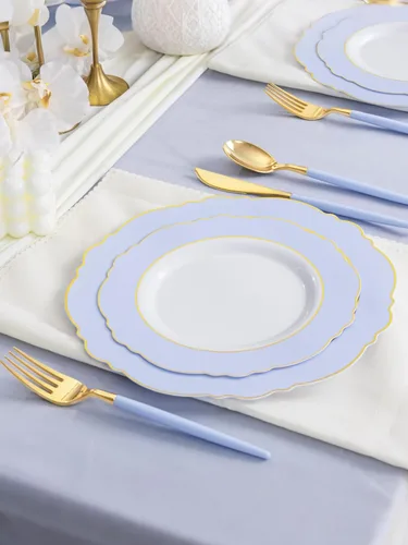 Miniatura 7 de WDF - 60 platos de plástico azul desechables con borde dorado - Platos de fiesta de plástico azul bebé barroco para boda/fiesta/baby shower