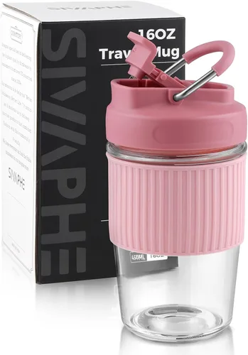 Miniatura 13 de Sivaphe Taza de café reutilizable de vidrio para hielo y caliente 12 oz, taza de viaje portátil con tapa a prueba de derrames y funda térmica