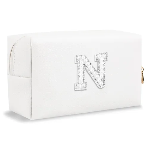 Miniatura 18 de Pequeña bolsa de maquillaje personalizada con inicial A-Z Preppy Patch, bolsa de cosméticos de viaje de felpilla blanca con cremallera, bonita bolsa