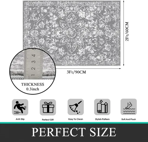 Miniatura 2 de Pauwer Alfombra vintage de flores 2 x 3 pulgadas, estilo envejecido, antideslizante, de pelo bajo, tapete para entrada, interior, pequeña, retro