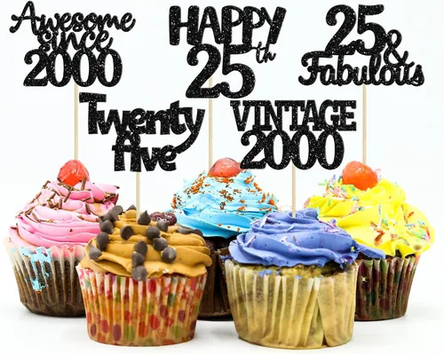 Gyufise 30 decoraciones vintage para cupcakes 2000 con purpurina para cumpleaños de 25 años, color negro