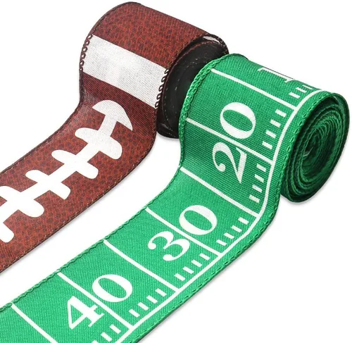 Miniatura 9 de 2 rollos de cintas de fútbol americano de 2.5 pulgadas x 10 yardas para lazos, cintas deportivas de arpillera con borde con alambre para envolver