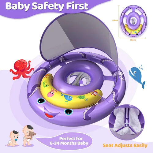 Miniatura 2 de Flotador de piscina para bebé con toldo de protección solar extraíble UPF50+, flotadores de natación para bebés de 6 a 24 meses, diseño doble extra
