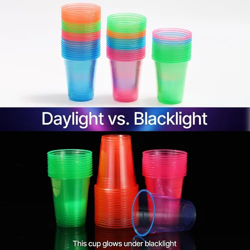 Miniatura 5 de Paquete de 120 vasos de fiesta que brillan en la oscuridad, vasos de plástico neón de 12 onzas, vasos desechables multicolor para fiestas de luz