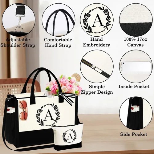 Miniatura 3 de Bolsa de lona con inicial, bolsa de playa, bolsa de maquillaje con cremallera, regalos personalizados para madres, amigas, regalos de cumpleaños