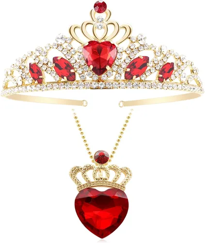 Descendant 4 Rise of Red Crown and Necklace Descendant 4 Gold Tiara Jewelry Set Queen of Hearts Crown Eive Costume Gift for Girls Teen Party