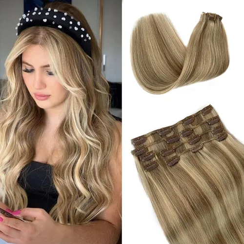 Miniatura 21 de Extensiones de cabello rubio ceniza con reflejos, extensiones de cabello humano real con clip, de 12 pulgadas, 2.47 onzas, doble trama, invisible