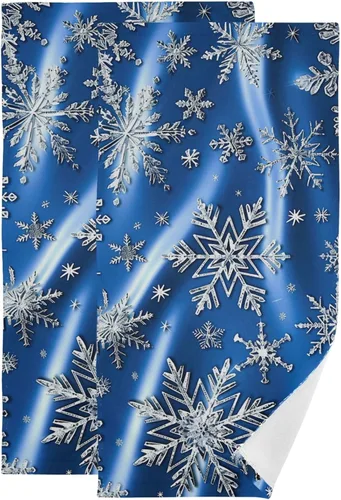 Pfrewn Juego de 2 toallas de mano de copos de nieve azules de invierno, juego de 2 toallas de baño de nieve con purpurina brillante de zafiro de 16