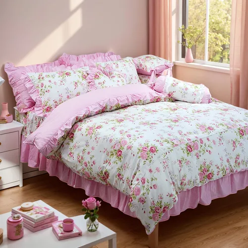 Miniatura 2 de FADFAY Juego de funda de edredón rosa desgastada, colección de ropa de cama floral rosa, elegante juego de funda de edredón de encaje de princesa