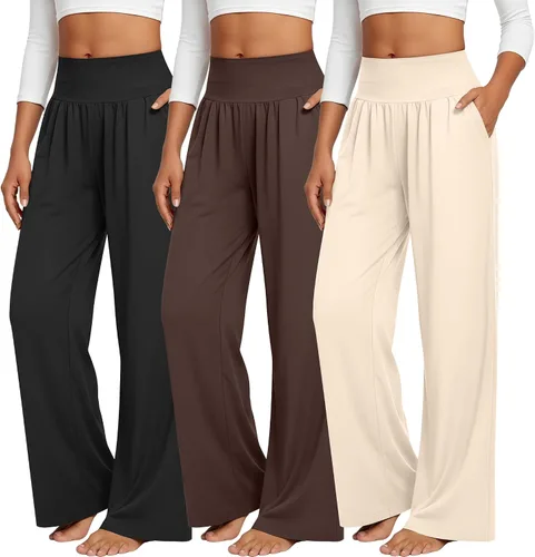 Miniatura 20 de Neer - Conjunto de 3 pantalones de yoga de pierna ancha para mujer - Pantalones deportivos cómodos, holgados, de cintura alta y casuales