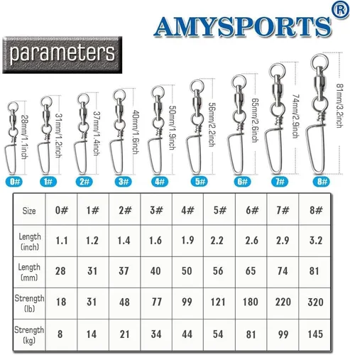 Miniatura 6 de AMYSPORTS Eslabones giratorios de alta resistencia para pesca - Cojinetes de bola de acero inoxidable - Pesca en agua salada y agua dulce