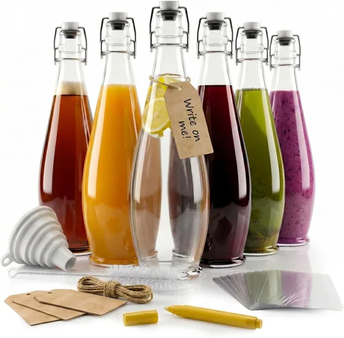 Miniatura 11 de Nevlers Botellas de vidrio con tapa abatible de 33 onzas con tapones, botella de vidrio abatible con tapa, paquete de 6 botellas resellables de 1