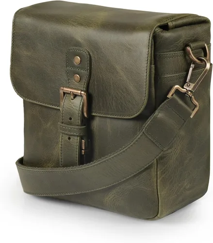 Bolso bandolera para cámara de piel auténtica MegaGear, para cámaras mirrorless, dispositivo electrónico portátil Caqui Verde